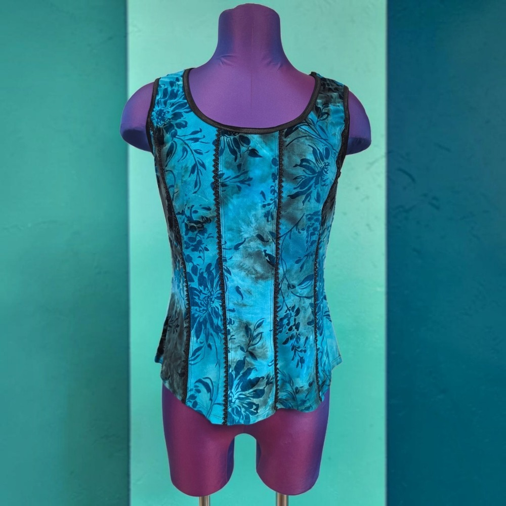 Sami + Jo Blue Black Floral Burnout Corset Style Tank Top Medium Y2K